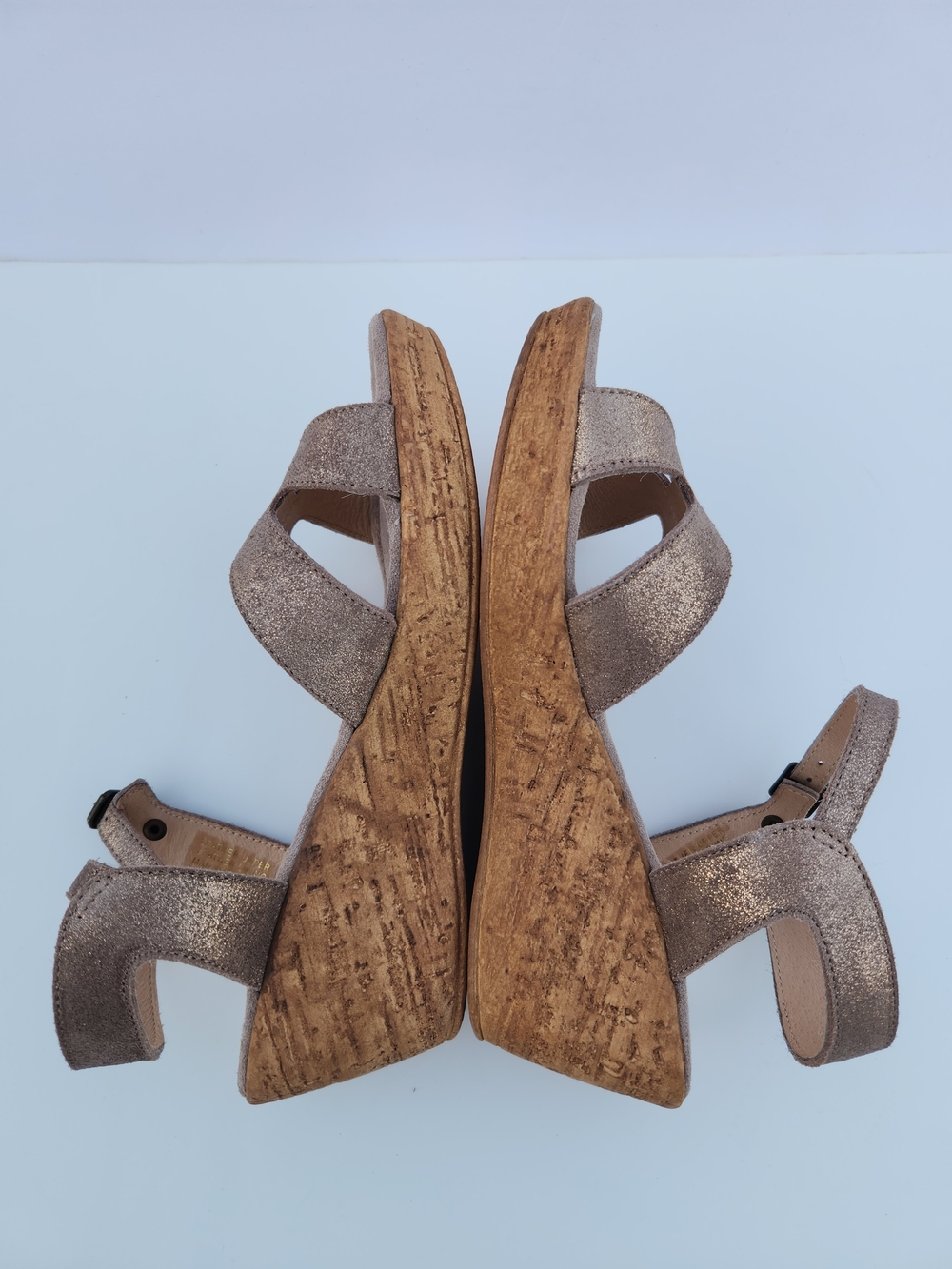 Sundance Metallic Taupe Ankle Strap Suede Leather Cork Wedge - Picture 4 of 13